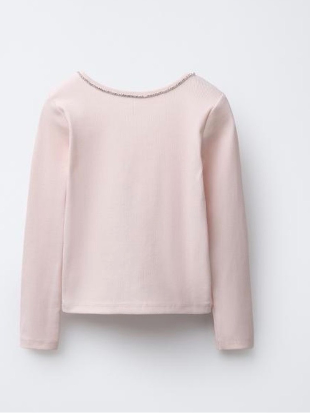 Zara Girls' Long-Sleeve Ribbed Top - Pale Pink with Silver Trim